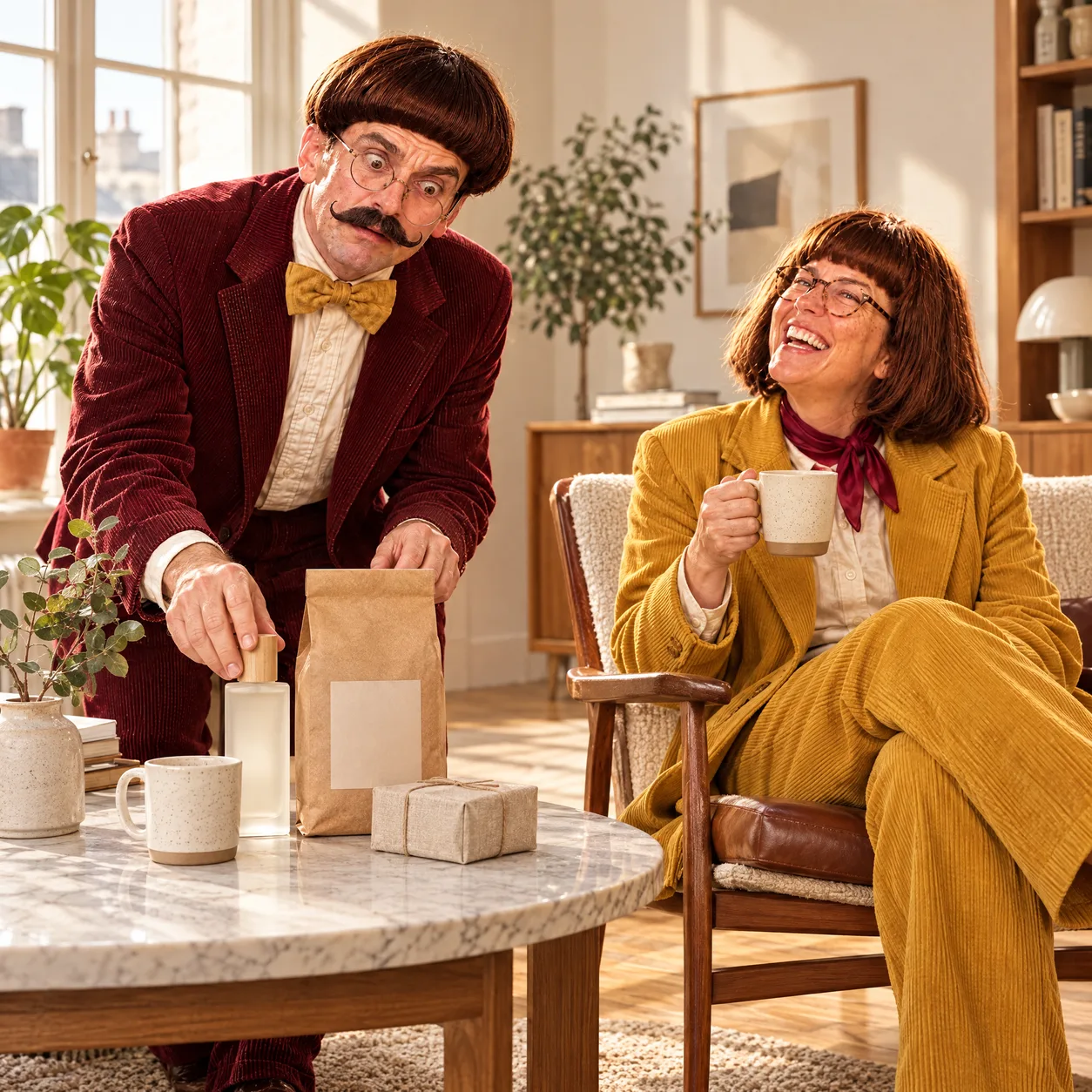 Basil carefully arranges unbranded products on a marble table while Mable laughs in a lounge chair