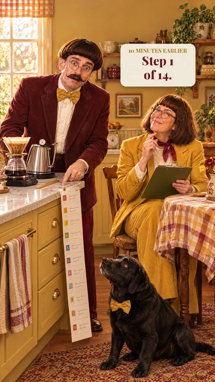 Ten minutes earlier: Basil points at step one of a long coffee checklist. Text: Step 1 of 14.