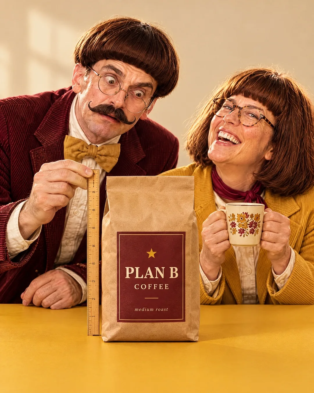 Basil seriously measures a Plan B Coffee bag with a ruler while Mable smiles over her cup